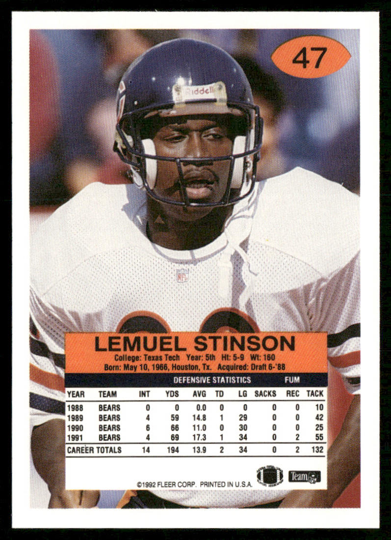 Lemuel Stinson 1992 Fleer #47 Chicago Bears