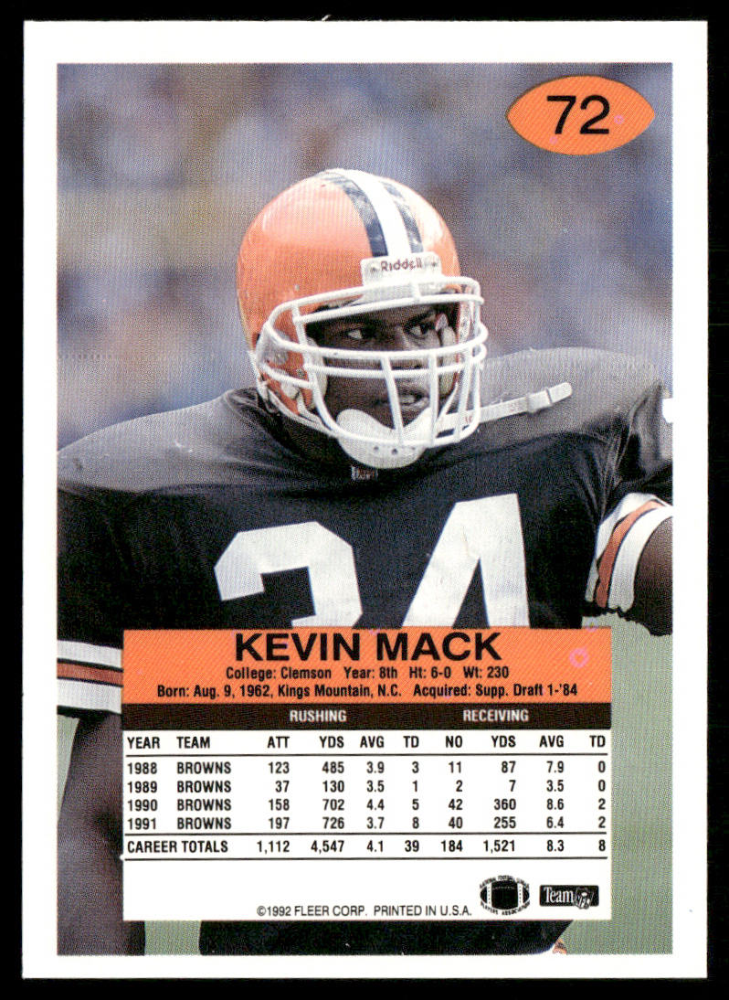 Kevin Mack 1992 Fleer #72 Cleveland Browns