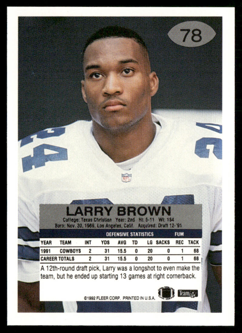Larry Brown 1992 Fleer #78 Dallas Cowboys