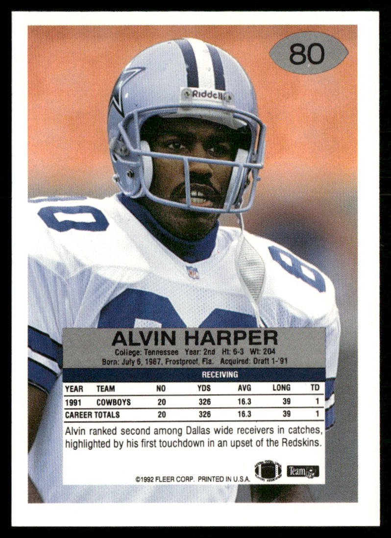 Alvin Harper 1992 Fleer #80 Dallas Cowboys
