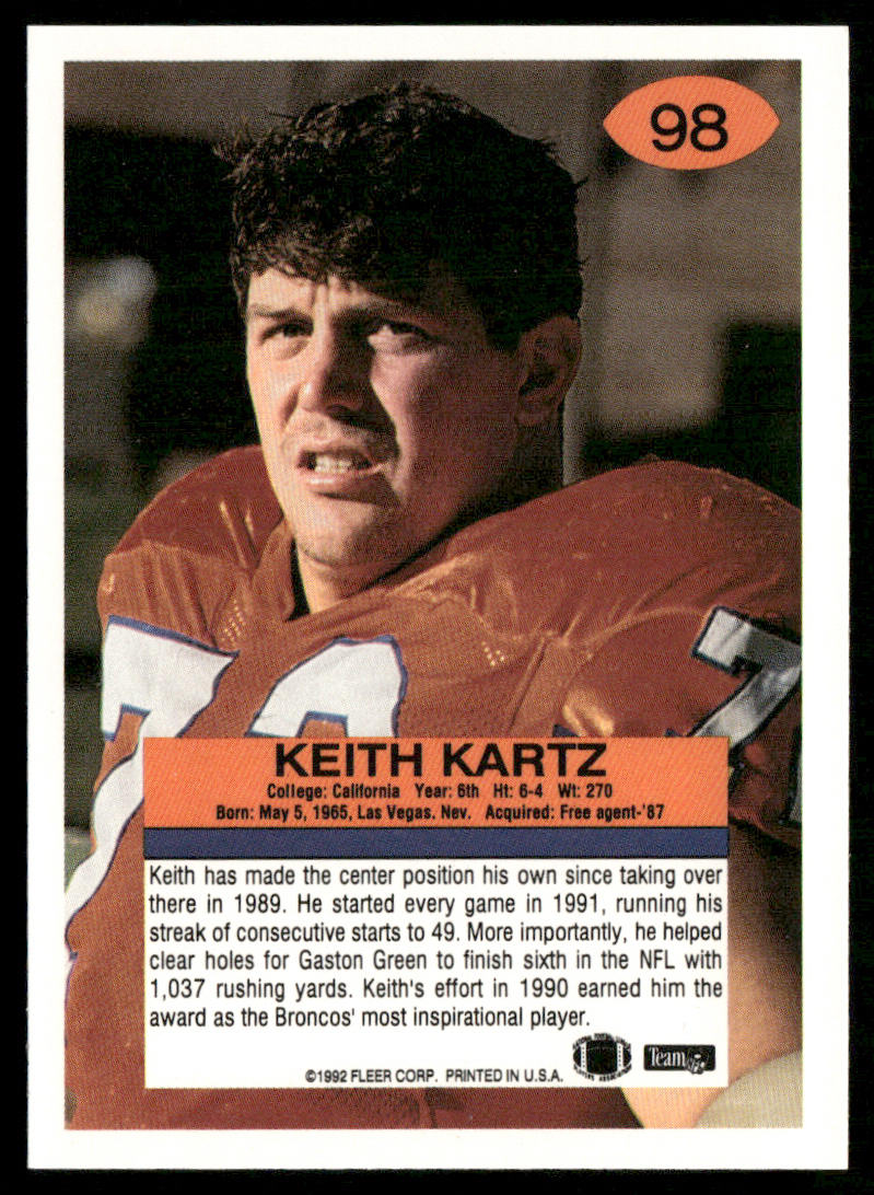 Keith Kartz 1992 Fleer #98 Denver Broncos