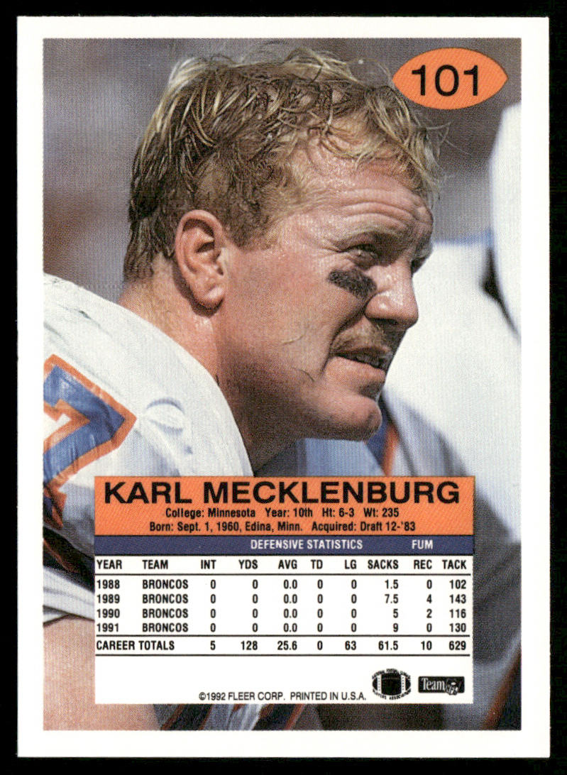 Karl Mecklenburg 1992 Fleer #101 Denver Broncos