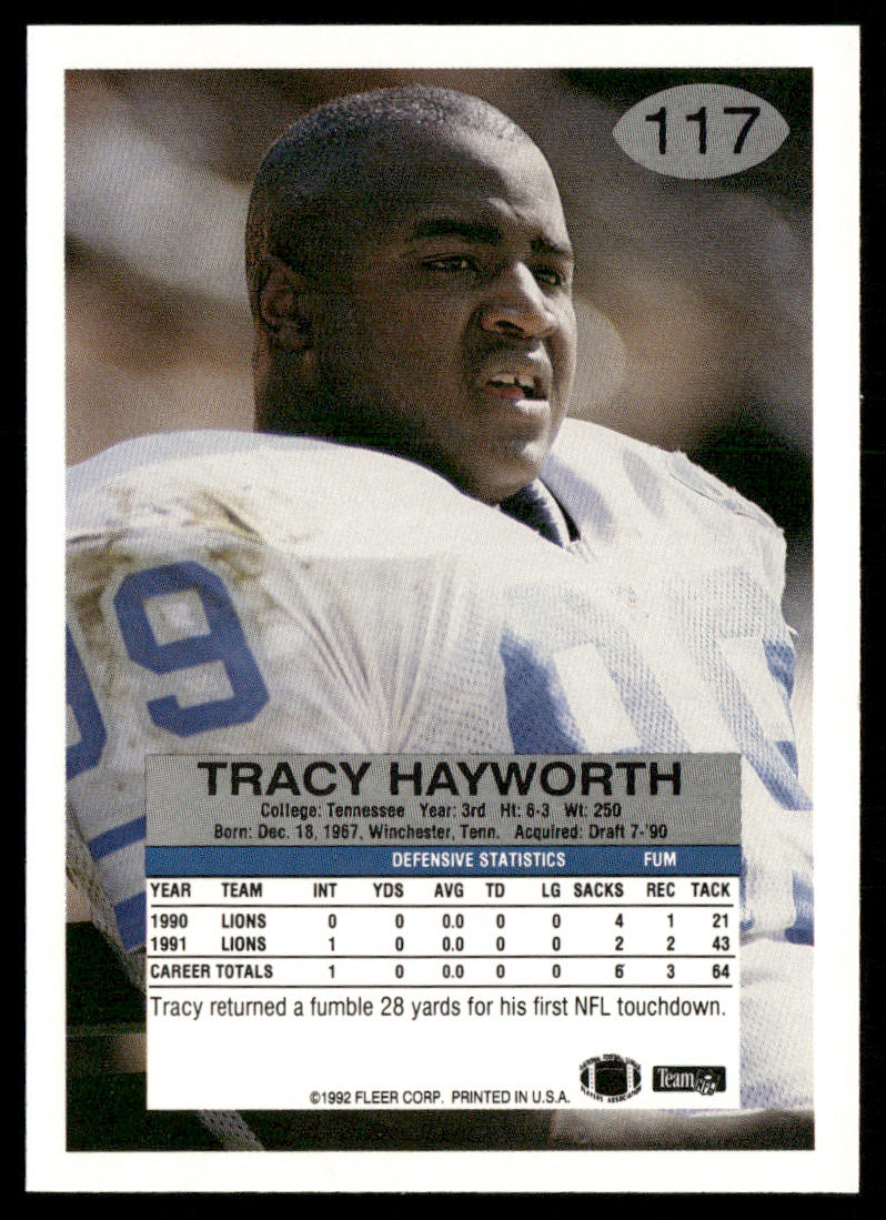 Tracy Hayworth 1992 Fleer #117 RC Detroit Lions