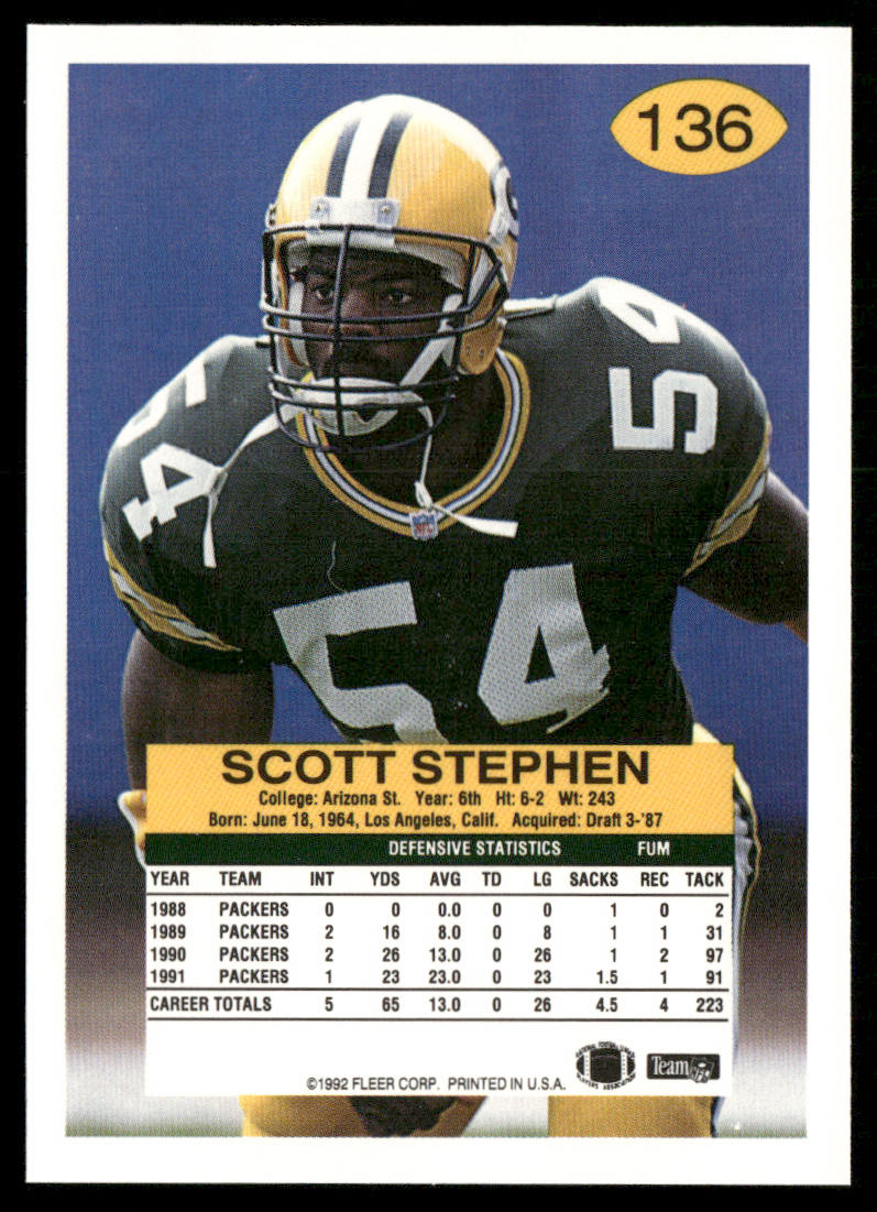 Scott Stephen 1992 Fleer #136 Green Bay Packers