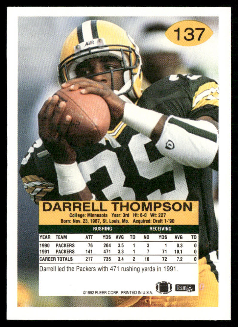 Darrell Thompson 1992 Fleer #137 Green Bay Packers