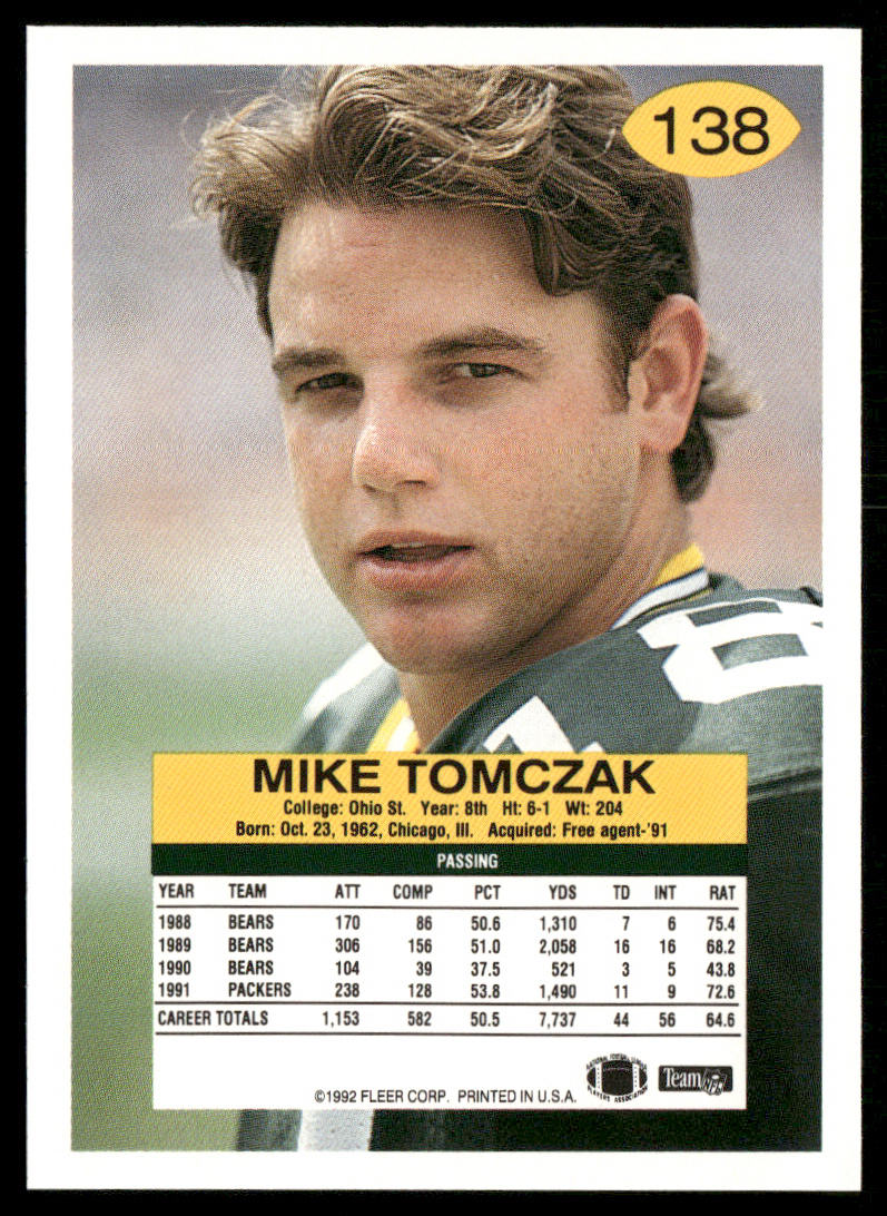 Mike Tomczak 1992 Fleer #138 Green Bay Packers