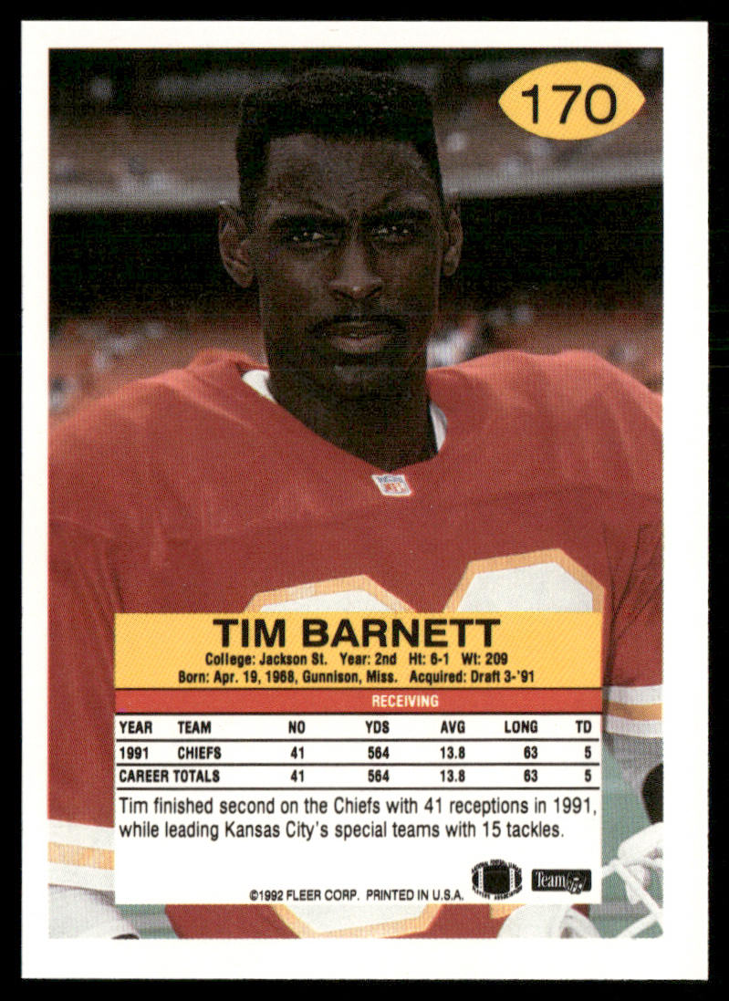 Tim Barnett 1992 Fleer #170 Kansas City Chiefs