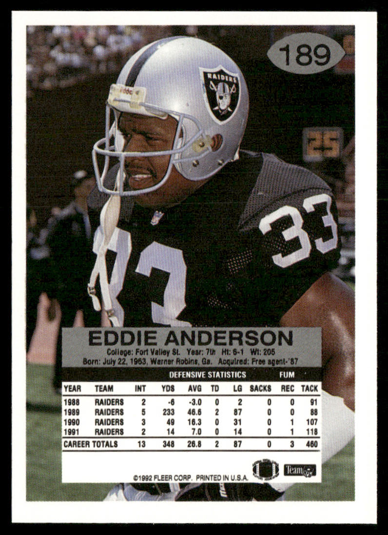 Eddie Anderson 1992 Fleer #189 Los Angeles Raiders