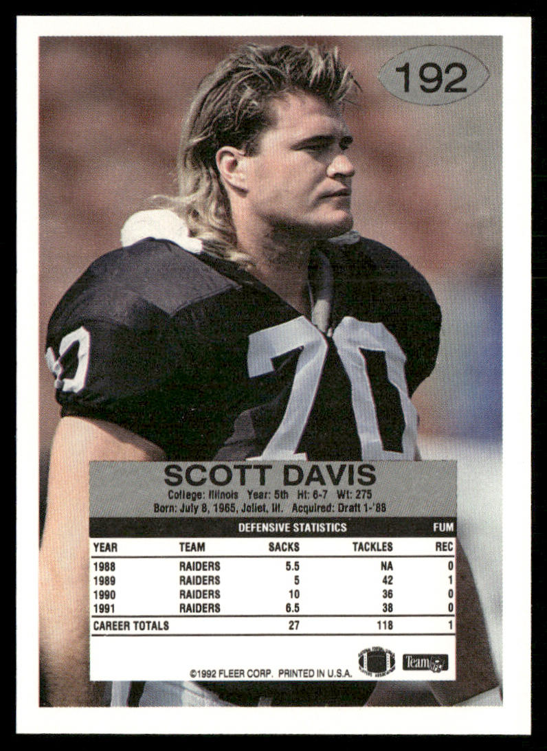 Scott Davis 1992 Fleer #192 Los Angeles Raiders