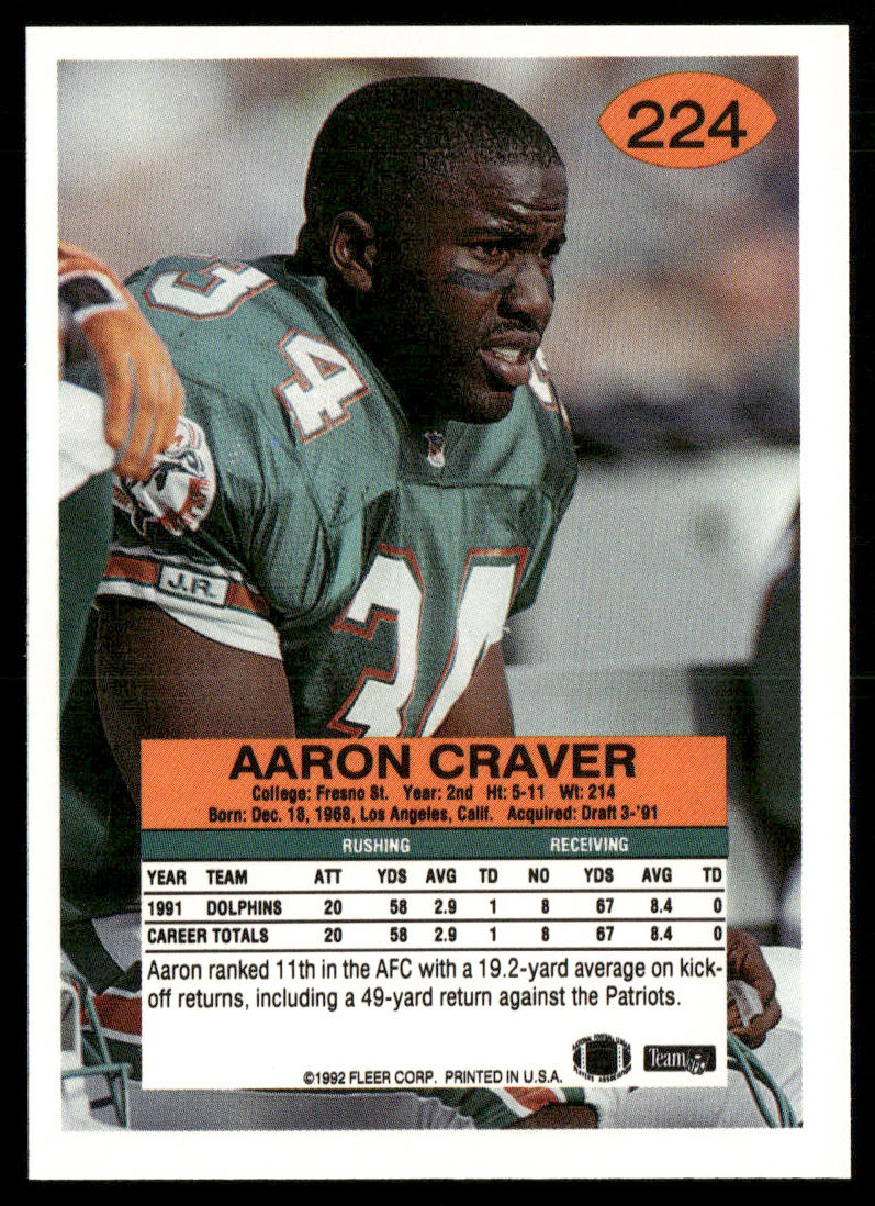 Aaron Craver 1992 Fleer #224 Miami Dolphins