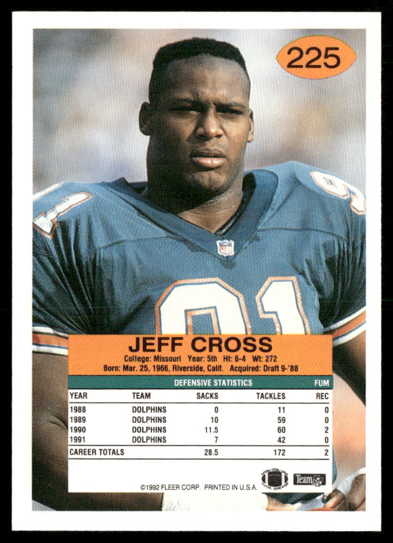 Jeff Cross 1992 Fleer #225 Miami Dolphins