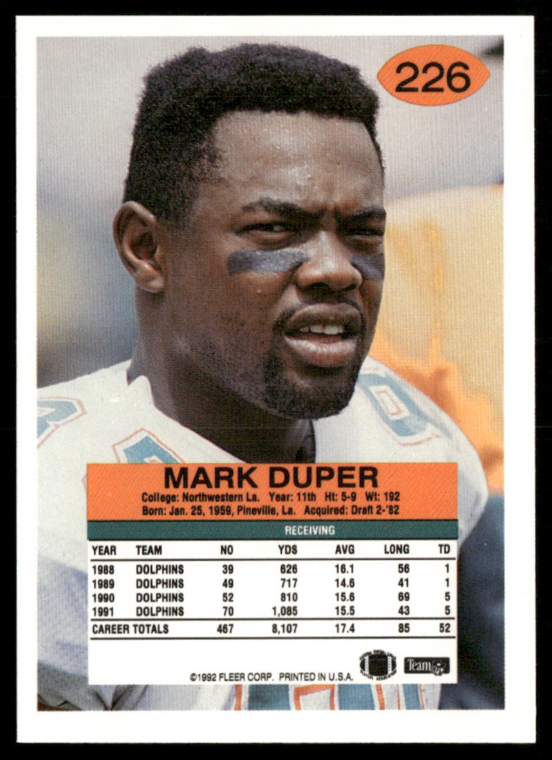 Mark Duper 1992 Fleer #226 Miami Dolphins