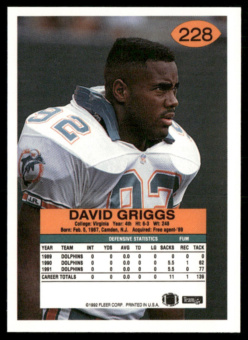 David Griggs 1992 Fleer #228 Miami Dolphins