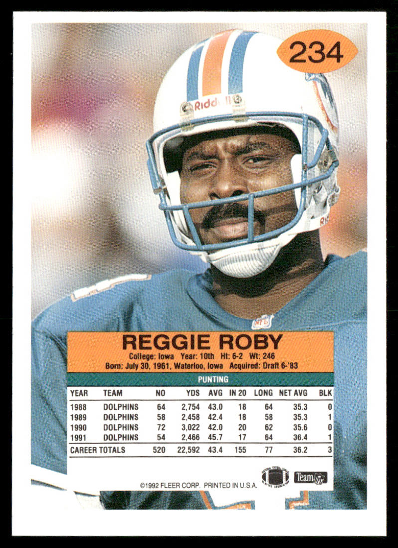 Reggie Roby 1992 Fleer #234 Miami Dolphins
