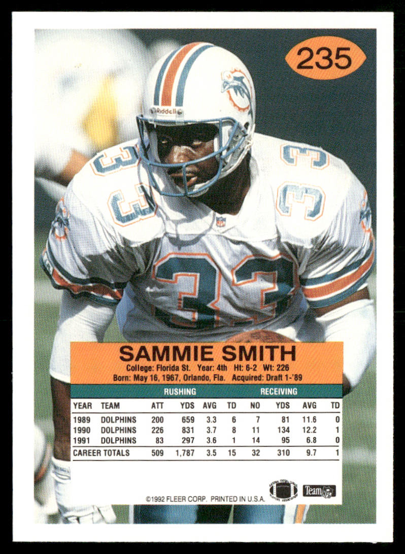 Sammie Smith 1992 Fleer #235 Miami Dolphins
