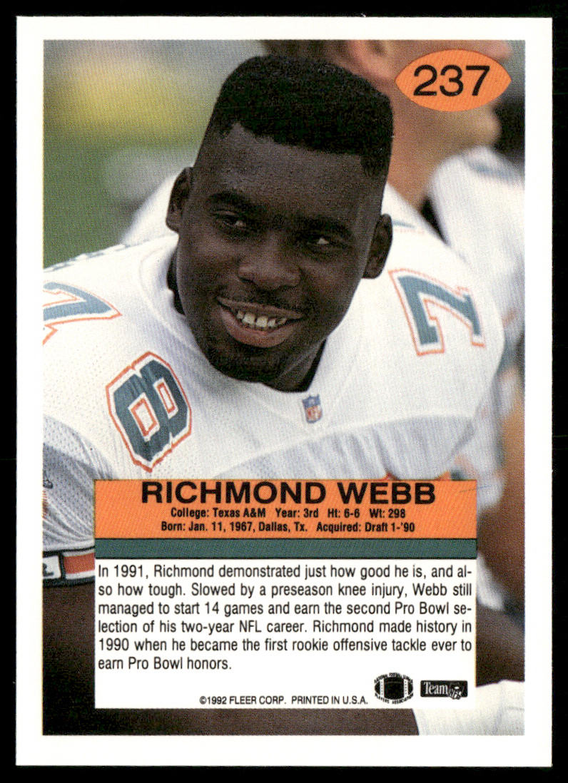 Richmond Webb 1992 Fleer #237 Miami Dolphins