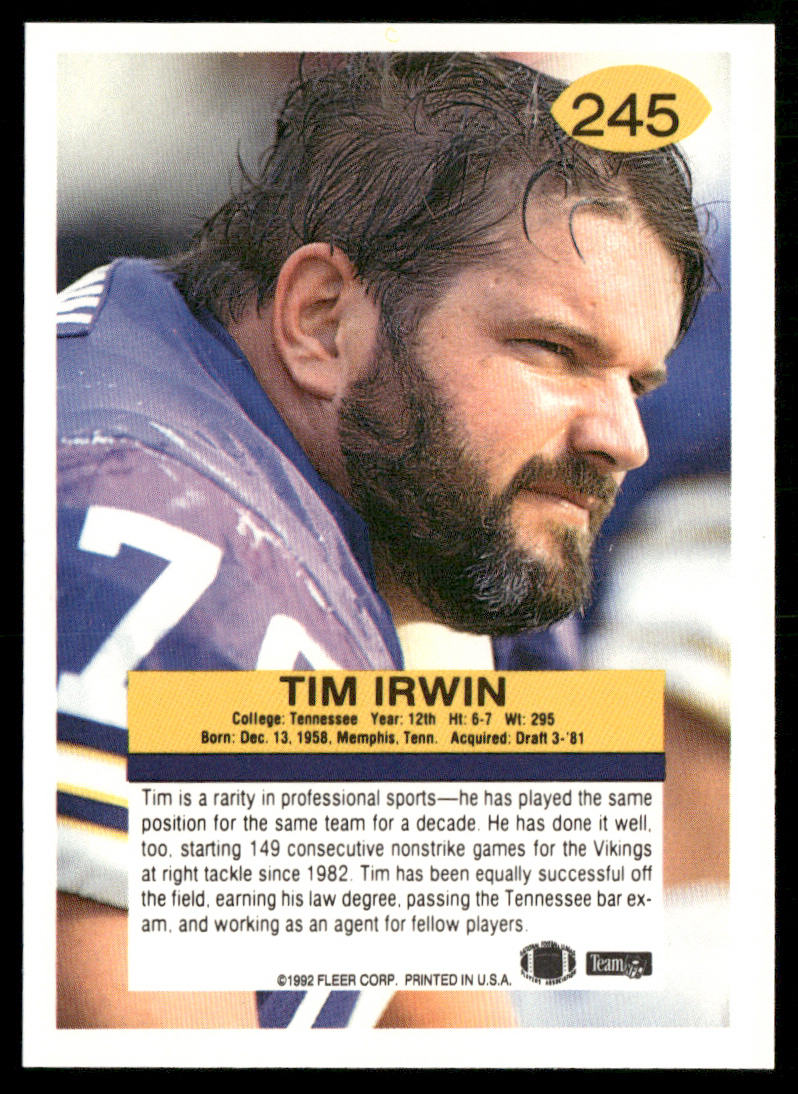 Tim Irwin 1992 Fleer #245 Minnesota Vikings