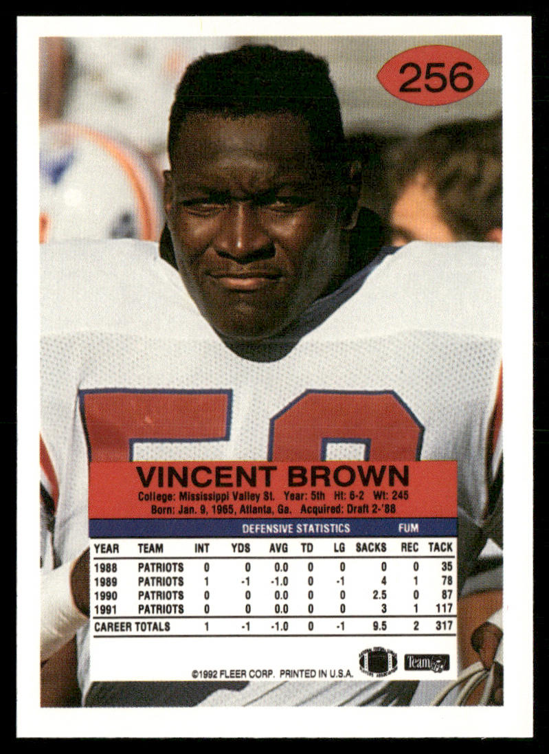 Vincent Brown 1992 Fleer #256 New England Patriots