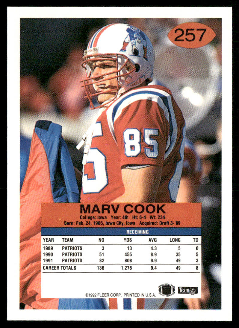 Marv Cook 1992 Fleer #257 New England Patriots