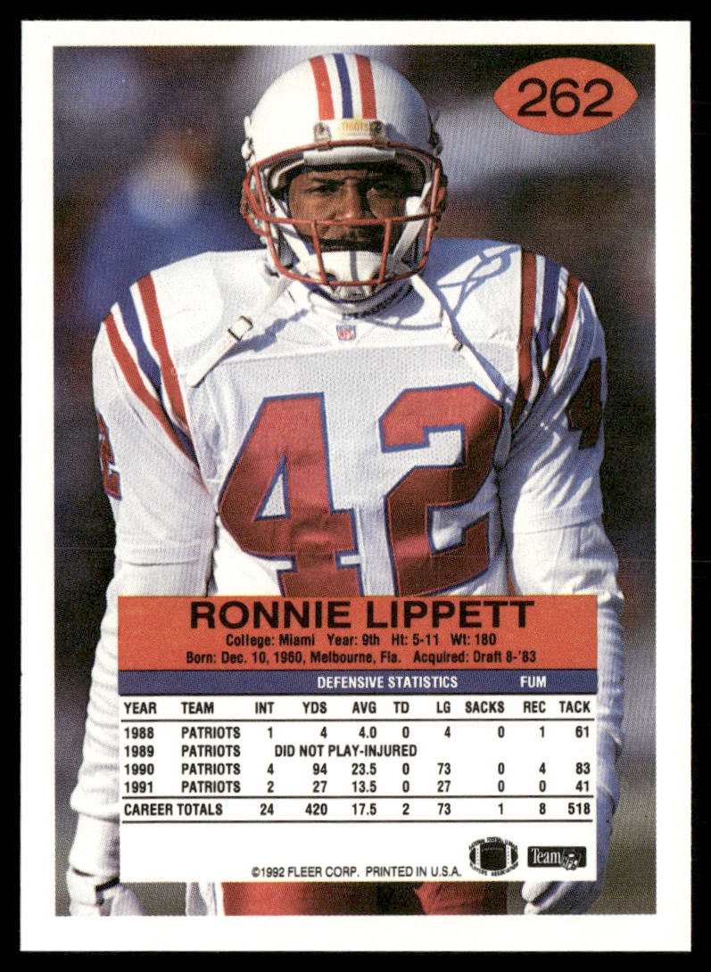 Ronnie Lippett 1992 Fleer #262 New England Patriots