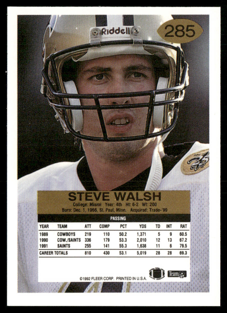 Steve Walsh 1992 Fleer #285 New Orleans Saints