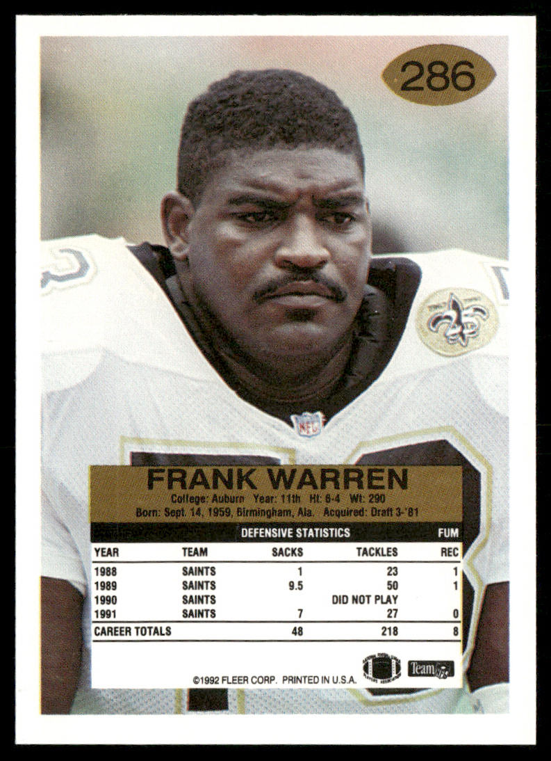 Frank Warren 1992 Fleer #286 New Orleans Saints