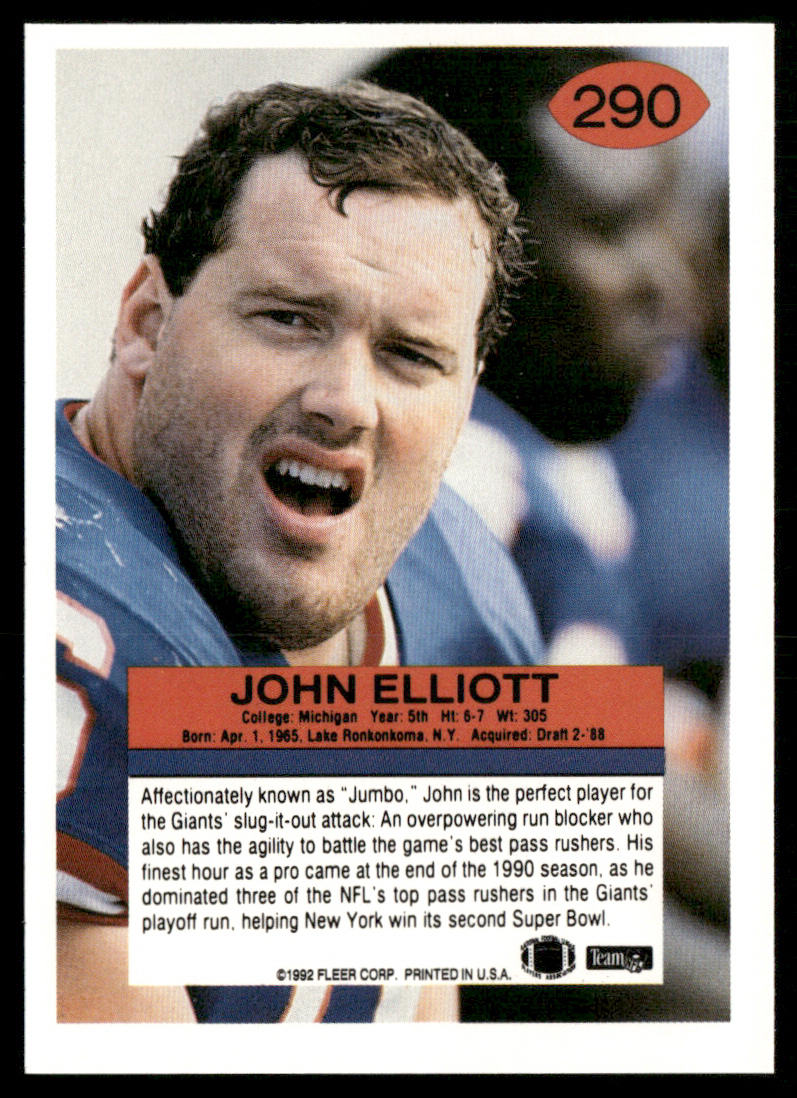 John Elliott 1992 Fleer #290 New York Giants