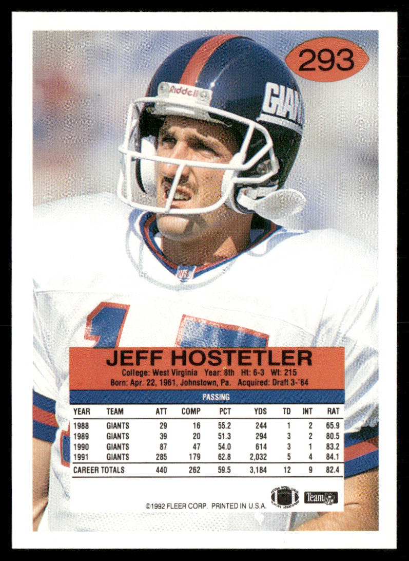 Jeff Hostetler 1992 Fleer #293 New York Giants