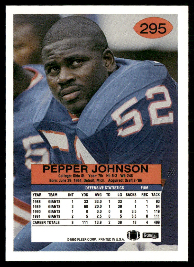 Pepper Johnson 1992 Fleer #295 New York Giants