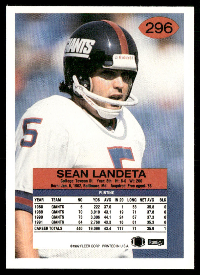 Sean Landeta 1992 Fleer #296 New York Giants