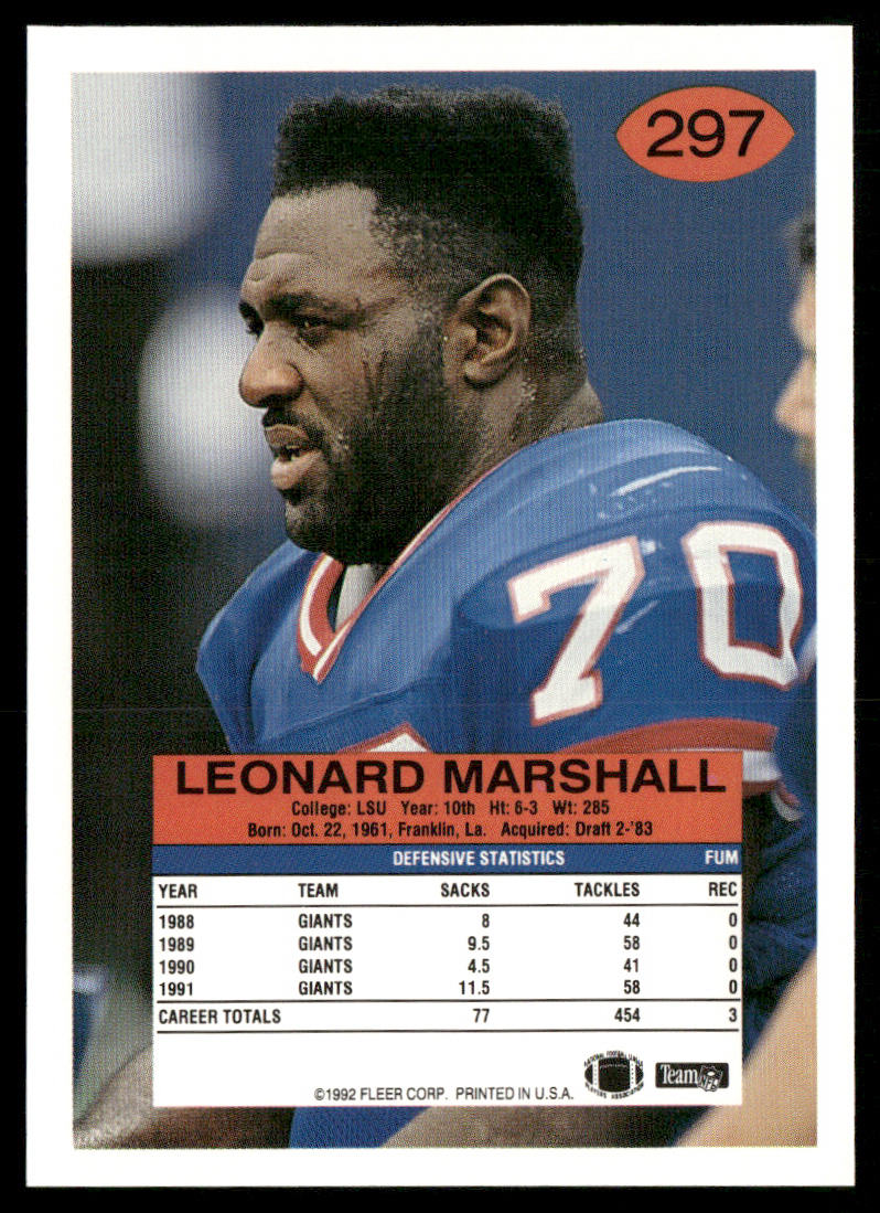 Leonard Marshall 1992 Fleer #297 New York Giants