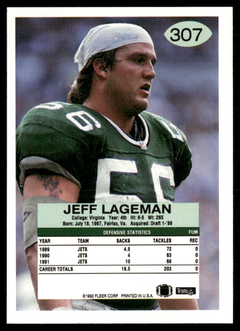 Jeff Lageman 1992 Fleer #307 New York Jets