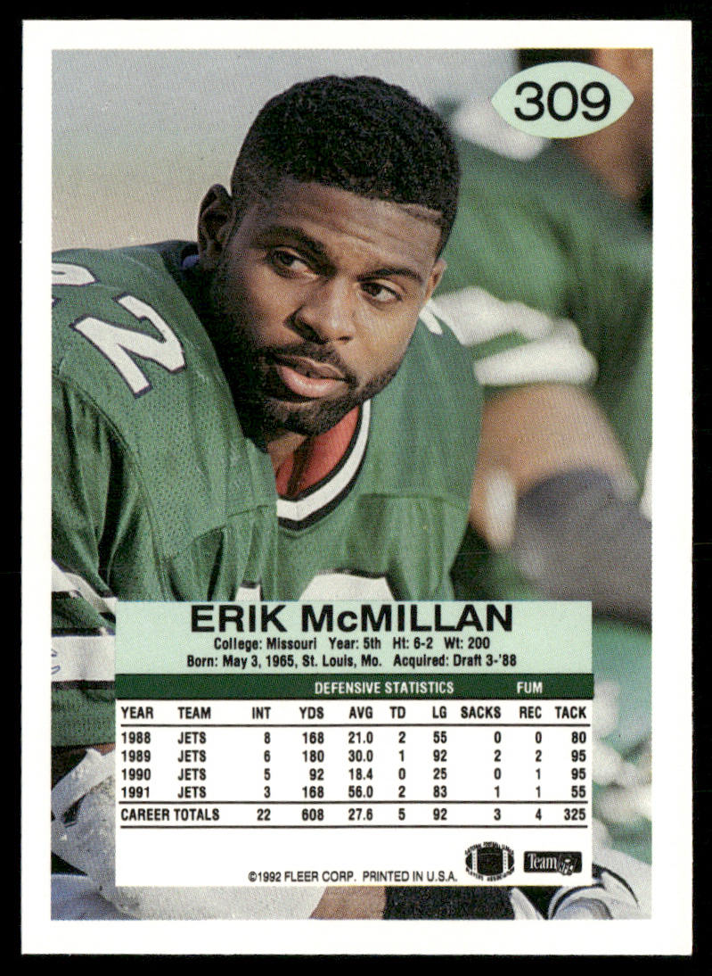 Erik McMillan 1992 Fleer #309 New York Jets