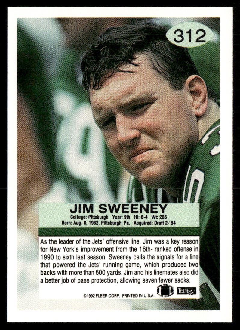 Jim Sweeney 1992 Fleer #312 New York Jets