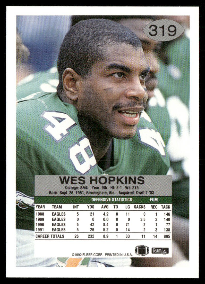 Wes Hopkins 1992 Fleer #319 Philadelphia Eagles