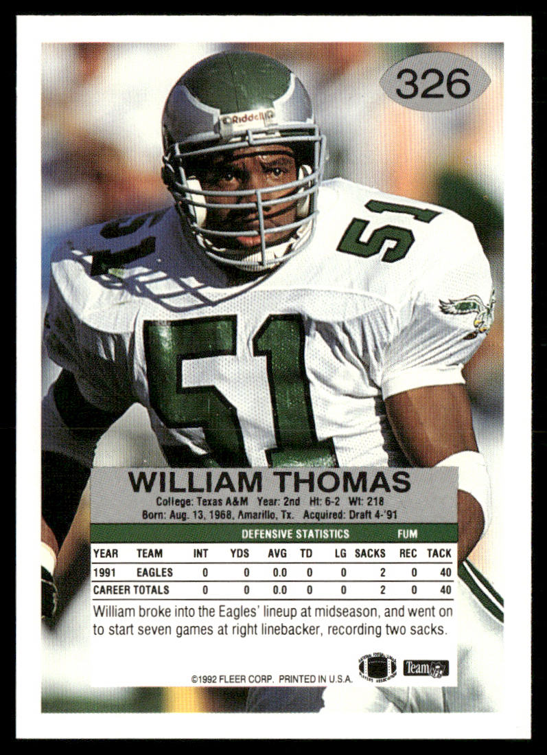 William Thomas 1992 Fleer #326 Philadelphia Eagles