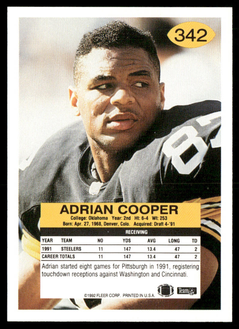 Adrian Cooper 1992 Fleer #342 Pittsburgh Steelers