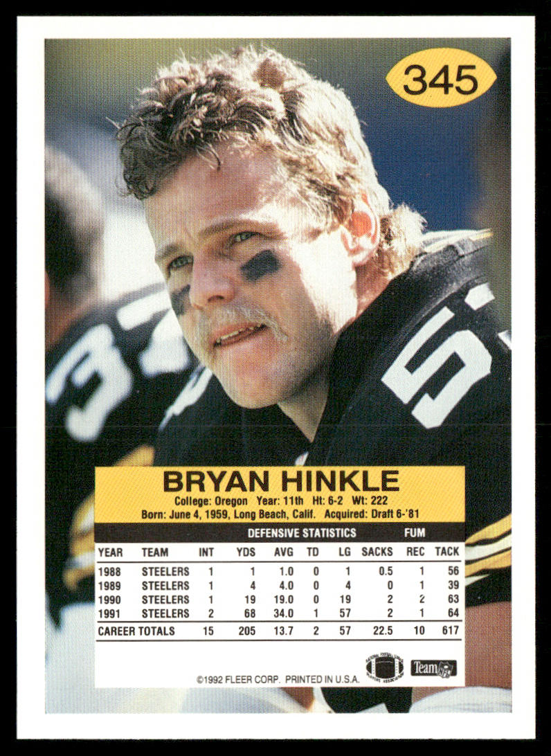 Bryan Hinkle 1992 Fleer #345 Pittsburgh Steelers