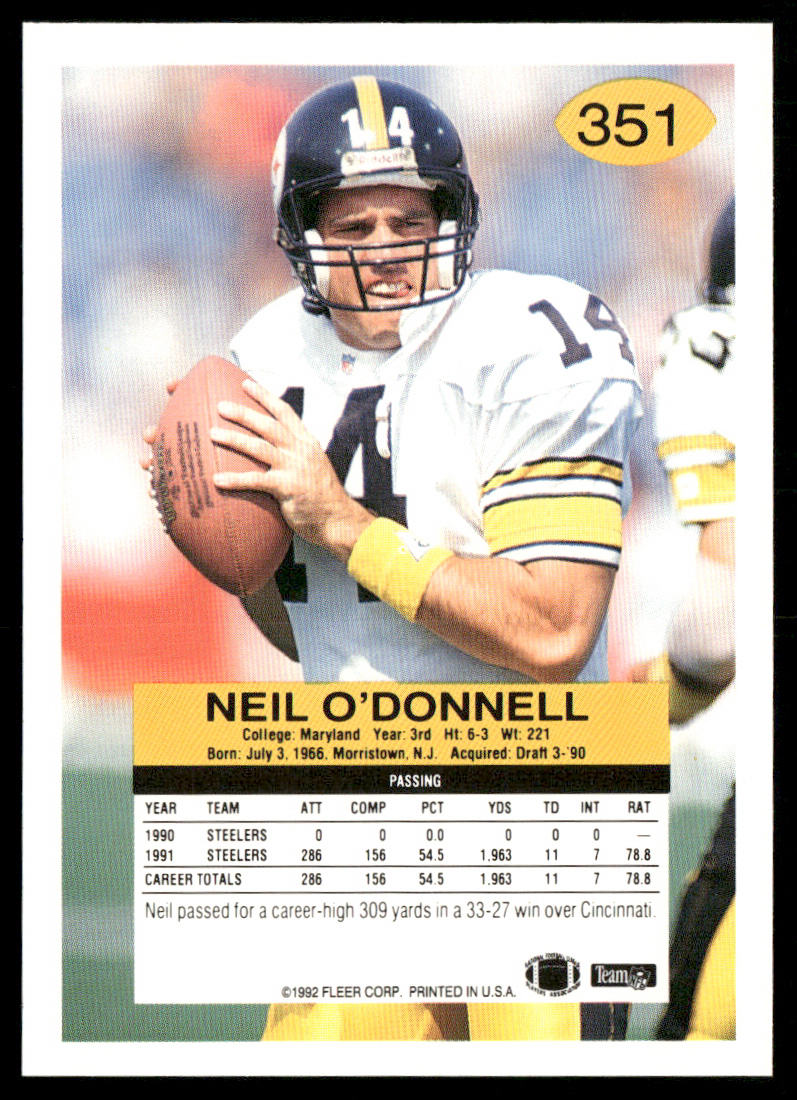 Neil O'Donnell 1992 Fleer #351 Pittsburgh Steelers