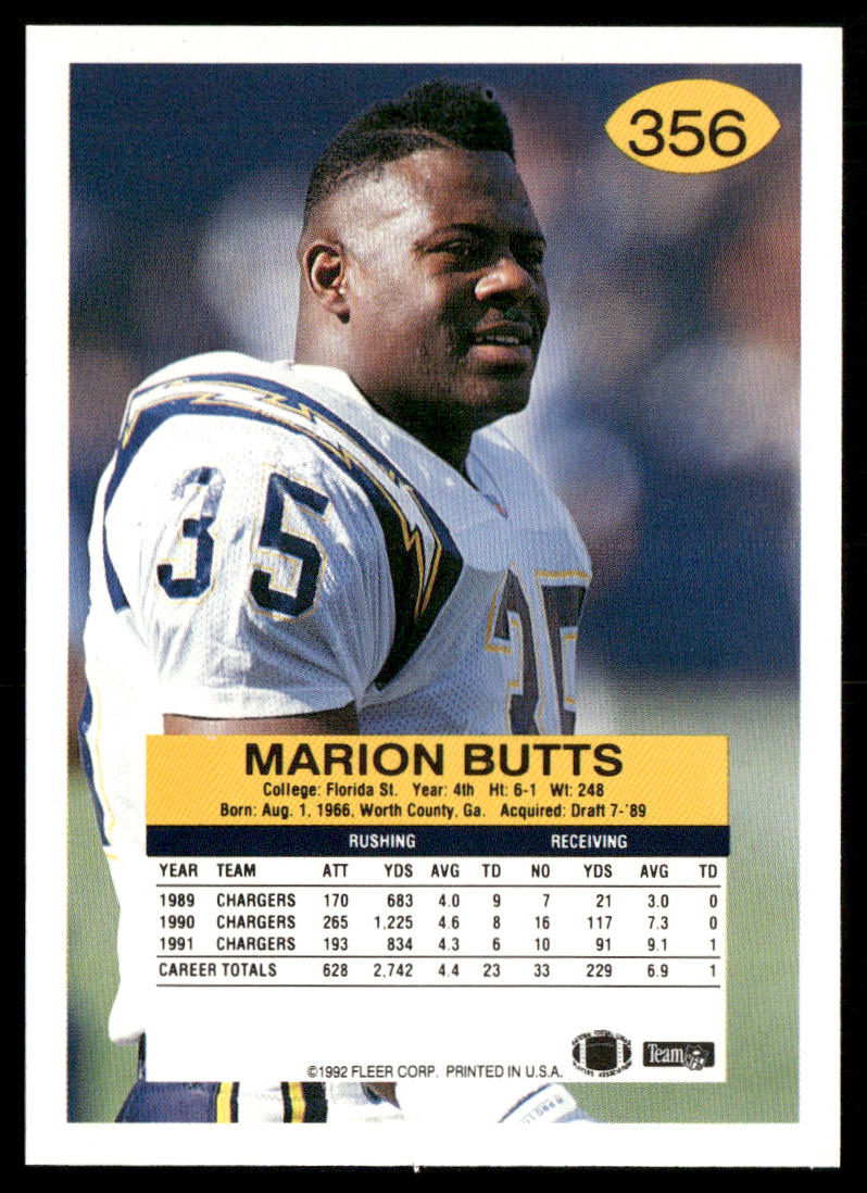 Marion Butts 1992 Fleer #356 San Diego Chargers