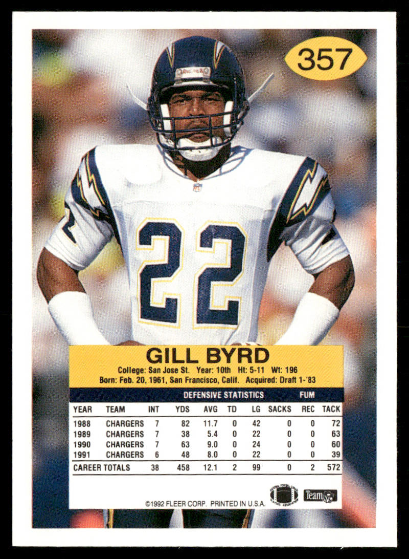 Gill Byrd 1992 Fleer #357 San Diego Chargers