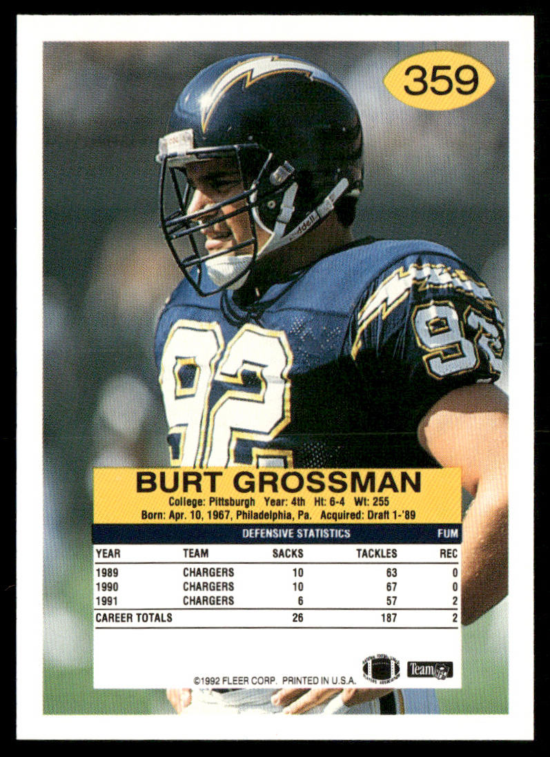 Burt Grossman 1992 Fleer #359 San Diego Chargers