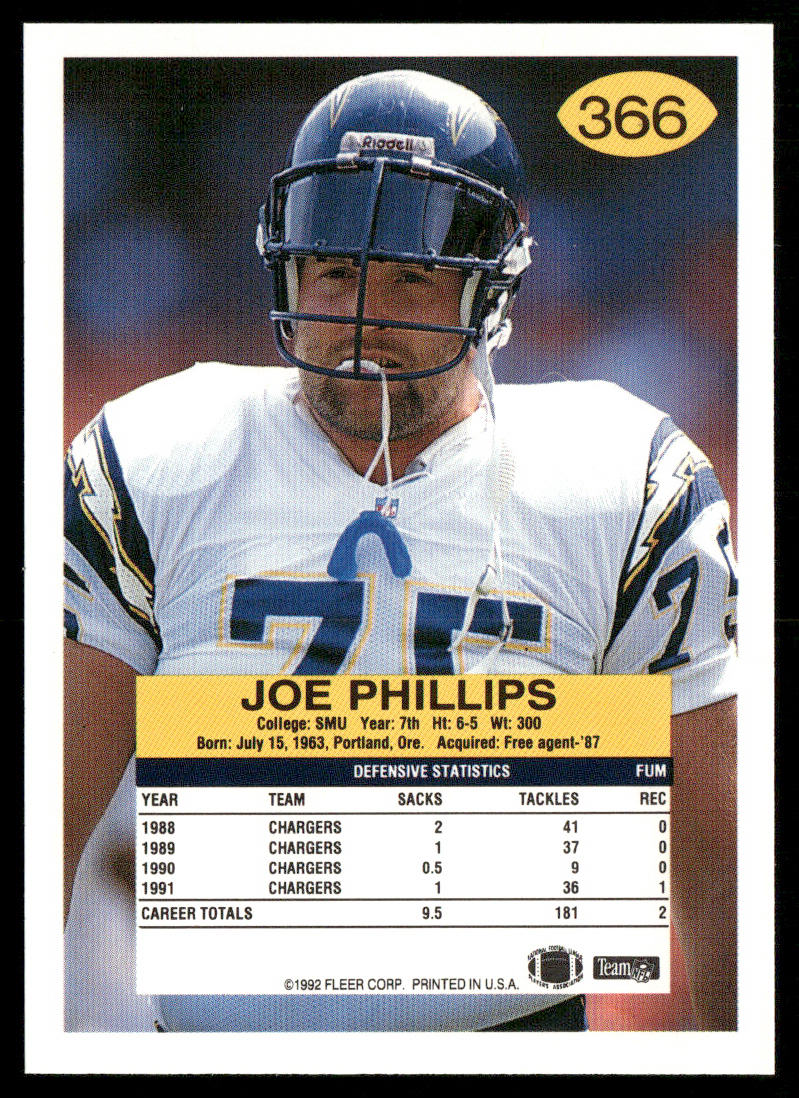 Joe Phillips 1992 Fleer #366 San Diego Chargers
