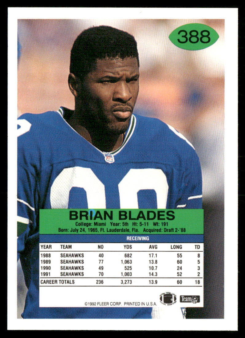 Brian Blades 1992 Fleer #388 Seattle Seahawks