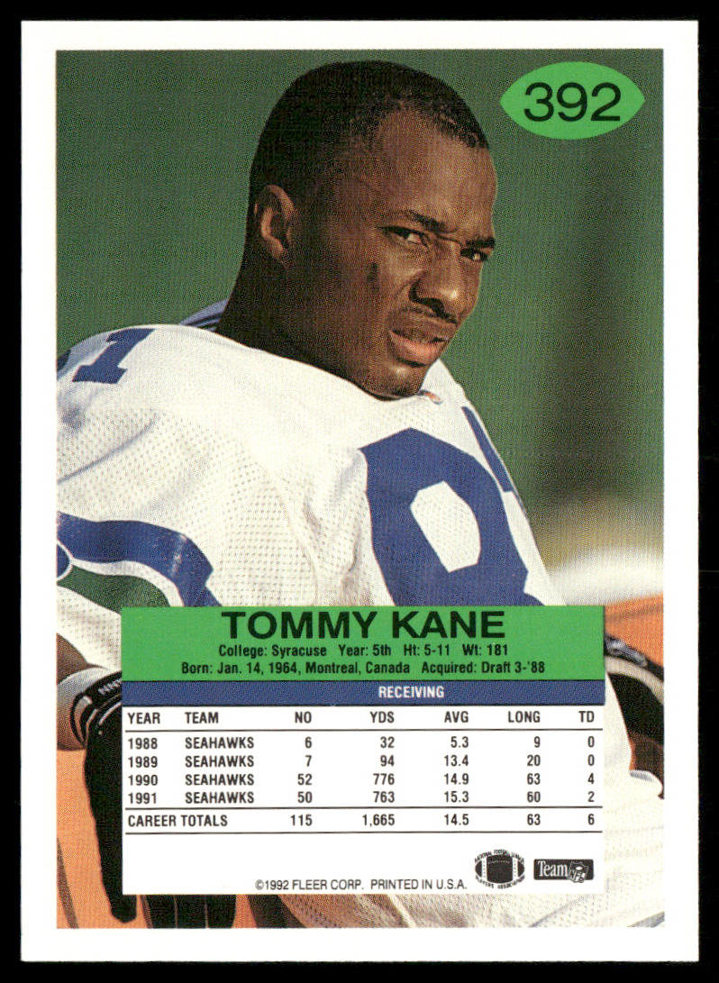 Tommy Kane 1992 Fleer #392 Seattle Seahawks