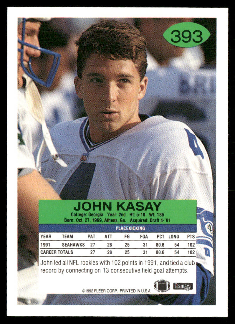 John Kasay 1992 Fleer #393 Seattle Seahawks