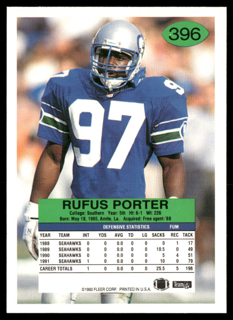 Rufus Porter 1992 Fleer #396 Seattle Seahawks