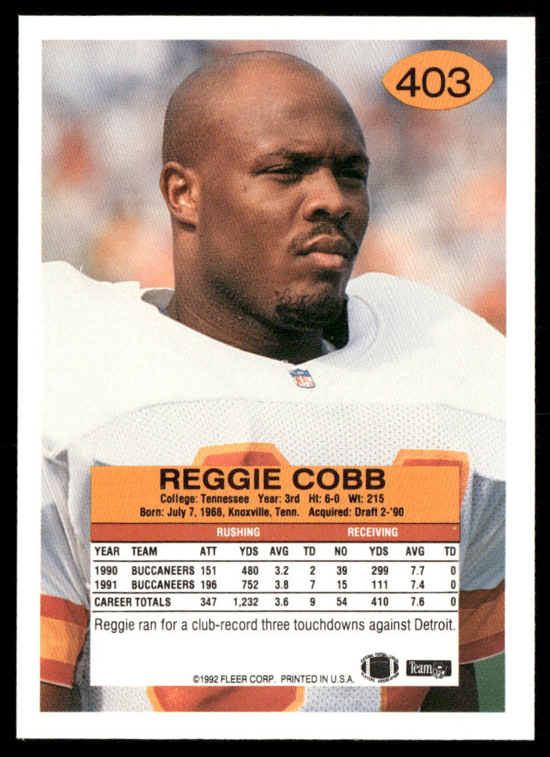 Reggie Cobb 1992 Fleer #403 Tampa Bay Buccaneers