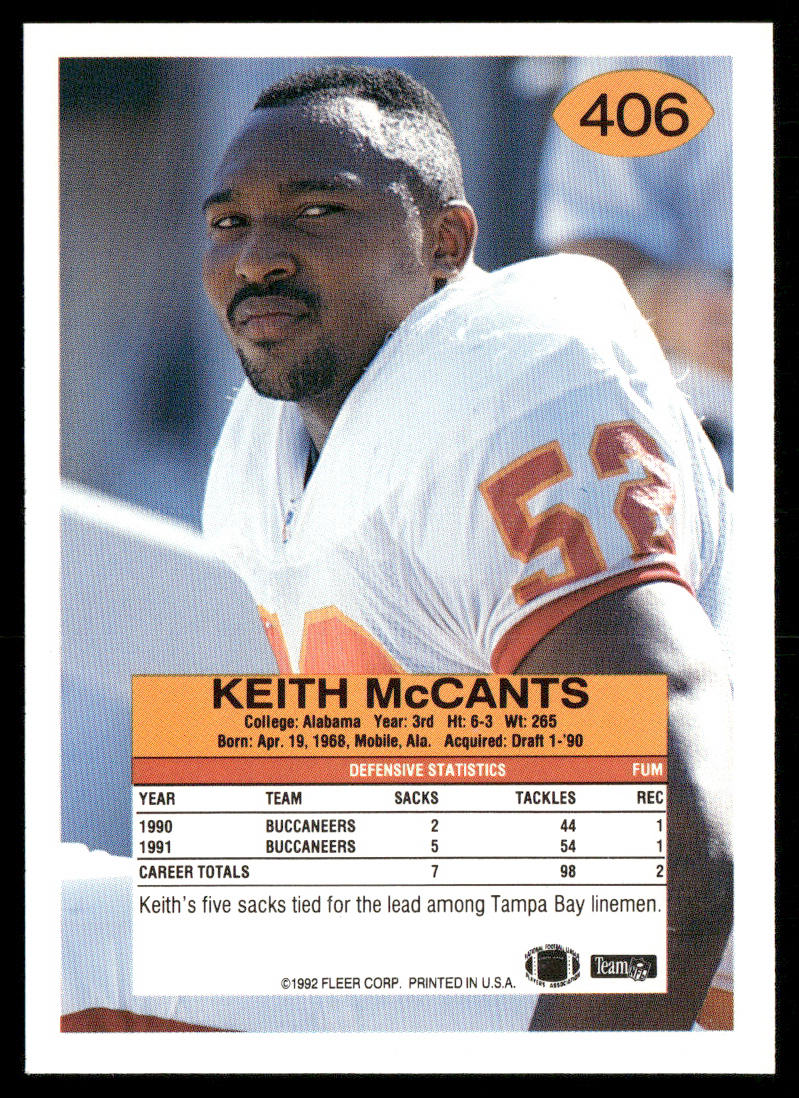 Keith McCants 1992 Fleer #406 Tampa Bay Buccaneers