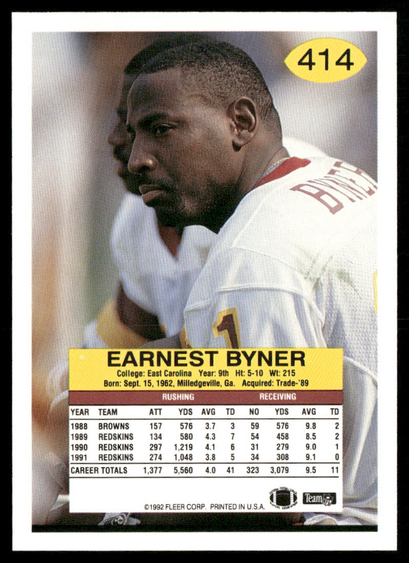 Earnest Byner 1992 Fleer #414 Washington Redskins